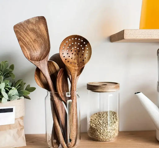 AIUHI 5pcs Wooden Kitchen Utensils Set, Wooden Spoons Natural Spurtle Set for Non-stick Pan Kitchen Tool Ladle and Wok Spatulas