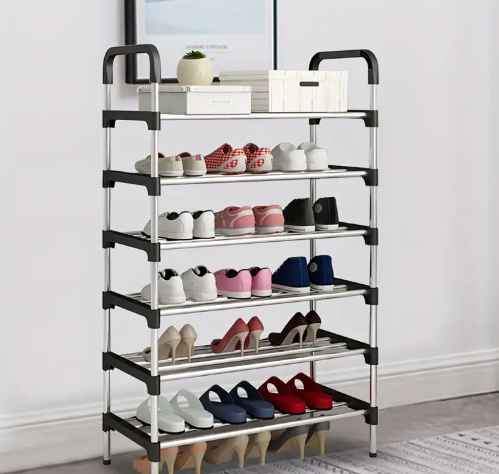 1PC 6 Tier Metal Shoe Rack Tall Storage Stand Footwear Plant Display Door Hallway Black