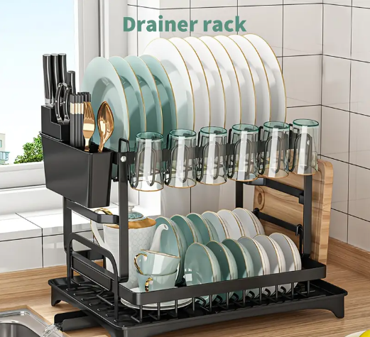 2/3 Tier Kitchen Sink Dish Drainer Rack With Drip Tray Cutlery Holder Plate Rack