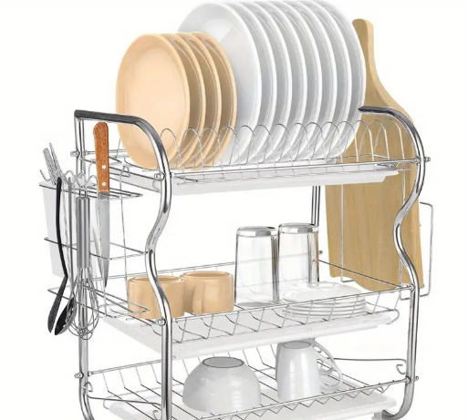 3 Tier Dish Drainer Rack with Drip Tray Stainless Steel Dish Drying Rack with Chopstick Holder Knife Holder Removable Chopsticks Knives Cutting Board Holder with Base Clips for Kitchen White