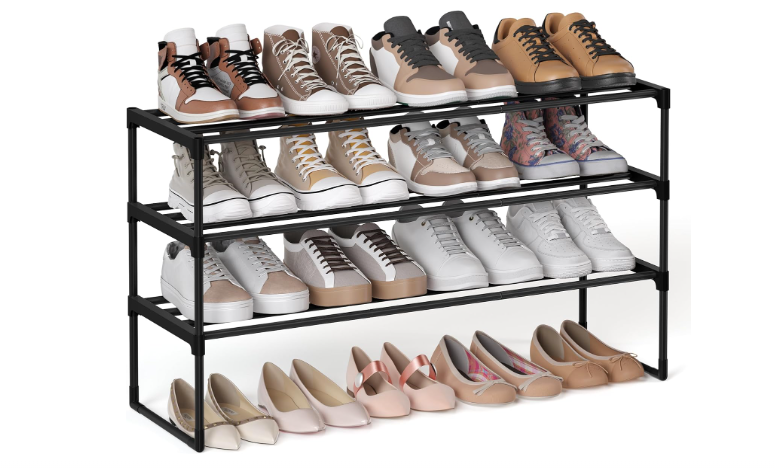 SONGMICS 3-Tier Shoe Rack, Shoe Storage Organiser, Metal Storage Rack, Upright or Upside Down, Fits 16 to 20 Pairs, Stackable, for Hallway, 30 x 92 x 55 cm