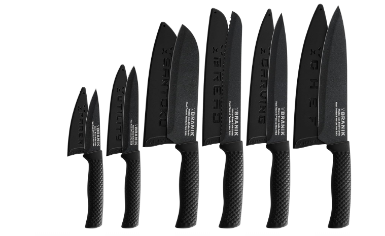 BRANIK 6-Piece Black Kitchen Knife Set – Professional Chef German Stainless Steel Ultra Sharp Blades with Ergonomic Handles and Protective Sheaths