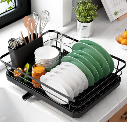 Kitsure Dish Drainer Rack- Space-Saving Dish Drainer, Dish Racks for Kitchen Counter, Stainless Steel Kitchen Drying Rack with a Cutlery Holder, Large, Black